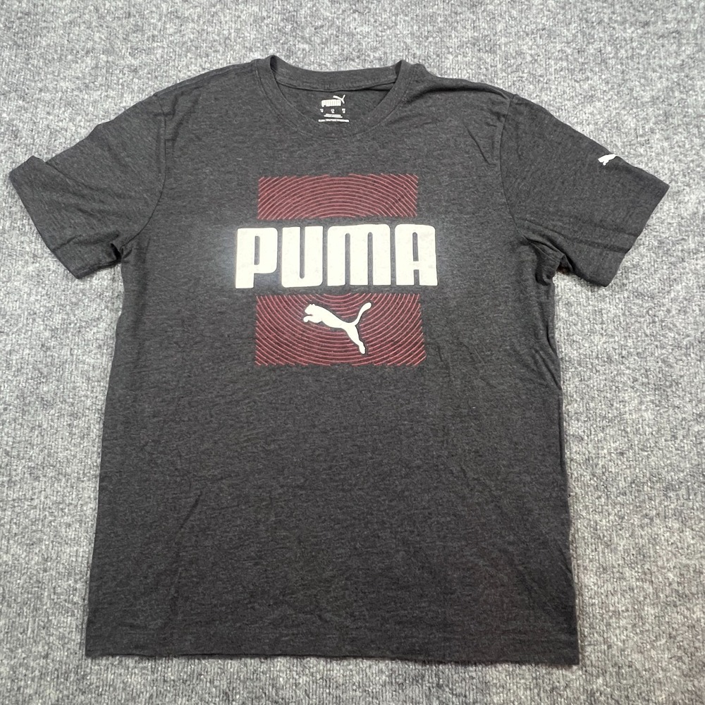 Puma T Shirt Mens Medium Charcoal Gray Cotton Logo Graphic Crew Neck Everyday